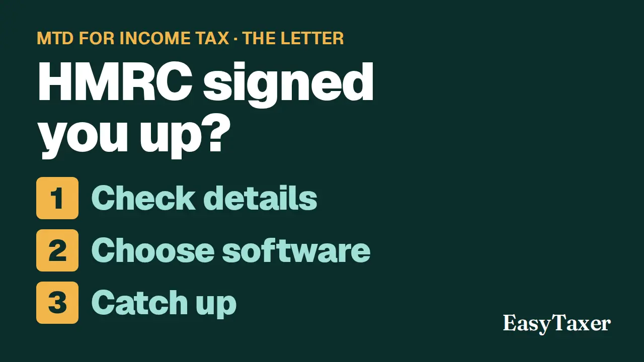 A still from the video: a dark green title slide labelled MTD for Income Tax, The letter, listing three numbered steps, Check details, Choose software, and Catch up, with the EasyTaxer logo in the corner, under the title HMRC signed you up?